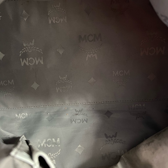 Authentic MCM Munchen Monogram Satchel Chain Handle Handbag Gray White - Picture 10 of 11